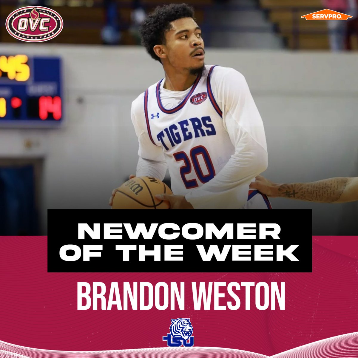 𝗢𝗩𝗖 𝗠𝗲𝗻'𝘀 𝗕𝗮𝘀𝗸𝗲𝘁𝗯𝗮𝗹𝗹 🏀 𝗡𝗲𝘄𝗰𝗼𝗺𝗲𝗿 𝗼𝗳 𝘁𝗵𝗲 𝗪𝗲𝗲𝗸
<a href="/TSUTigersMBB/">Tennessee State Men's Basketball</a> junior Brandon Weston (<a href="/BWest233/">Brandon Weston</a>)

• Averaged 25.5 points &amp; 10.0 rebounds/game; had 26 points vs. Howard

#OVCit | #RoarCity | Presented by <a href="/SERVPRO/">SERVPRO</a>