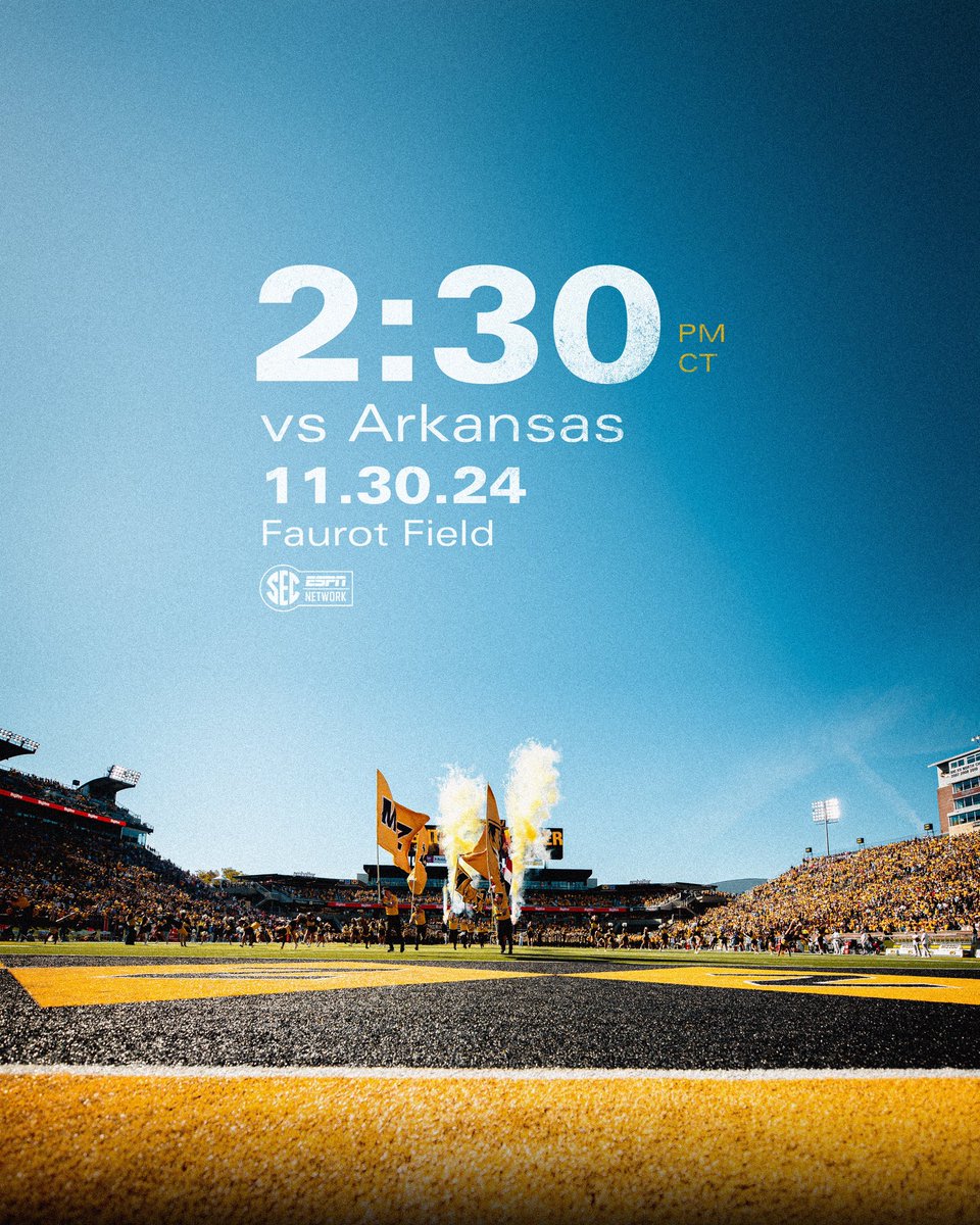 MizzouFootball's tweet photo. ๐จ๐๐ผ๐๐ ๐๐๐๐ ๐ผ๐๐๐๐๐๐พ๐๐๐๐๐๐จ
๐ vs Arkansas
โฐ SAT, Nov 30 @ 2:30 PM CT
๐บ @secnetwork
๐Faurot Field
#MIZ ๐ฏ๐ https://t.co/9OGCgtN6Hd