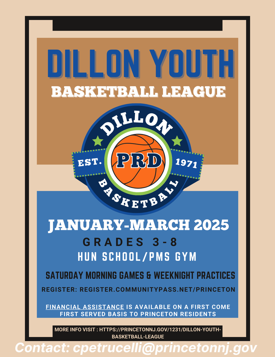 Join the action! 🏀 Dillon Youth Basketball League – January to March 2025. For Grades 3-8. Saturday morning games &amp; weeknight practices at Hun School/PMS Gym. Don’t miss out on the fun and competition!