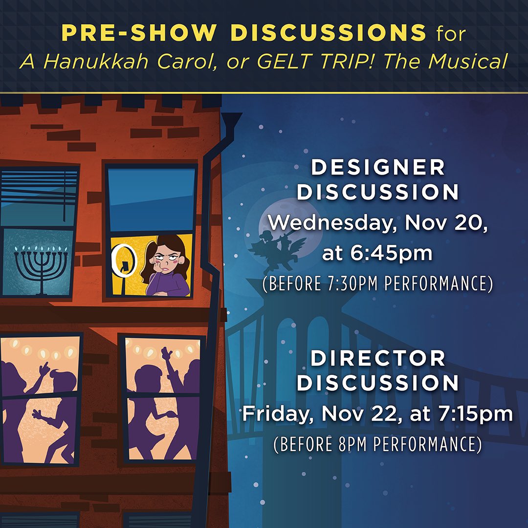 This week, we hope you join us for pre-show discussions with our designers (November 20) and director (November 22) before you catch a performance of A HANUKKAH CAROL, or GELT TRIP! THE MUSICAL. See you at the theatre! 🎭🕎🎉

Learn more:
roundhousetheatre.org/on-stage/explo…