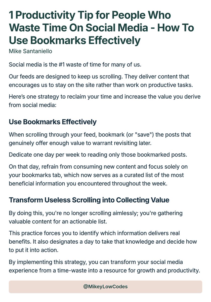 MikeyLowCodes's tweet photo. 1 Productivity Tip for People Who Waste Time On Social Media - How To Use Bookmarks Effectively https://t.co/qacZNO0MYe