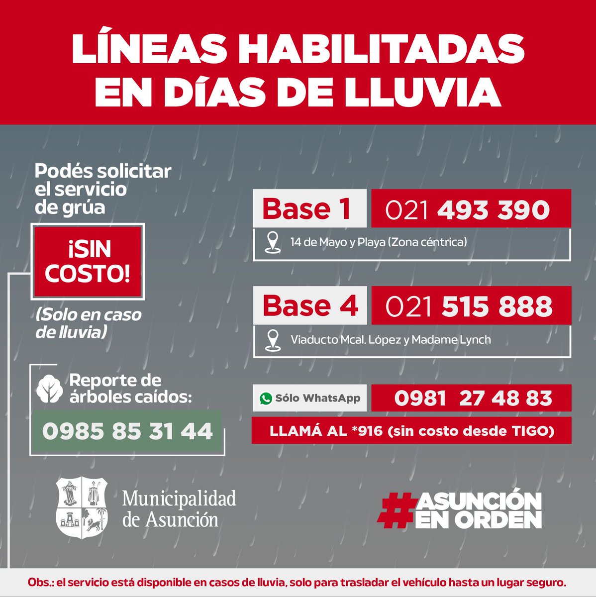 Atención. ⚠️  
Ante la alerta meteorológica, les recordamos nuestros números habilitados para días de lluvia, en caso de requerir cualquiera de estos servicios: 👇🏼