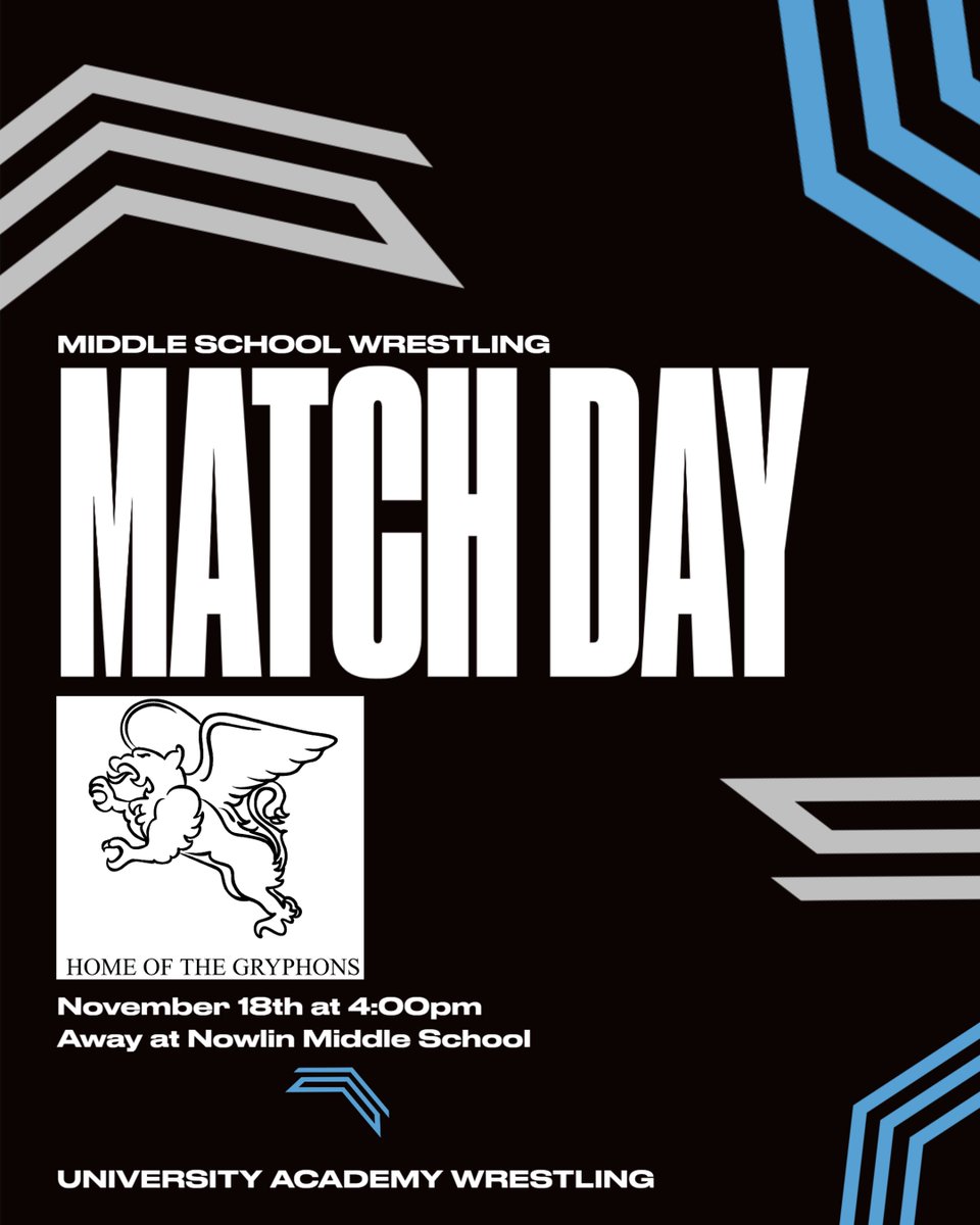 It's Match Day!  🤼‍♂️🤼‍♀️

Middle School Wrestling has been working hard, and will be in action today for their first matches of the season!

📍Nowlin Middle School
⏲️4:00 PM

Come out and support our Gryphon Wrestlers!