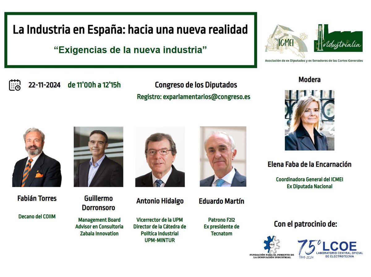 “La #Industria en #España: hacia una nueva realidad”

Viernes 22 de noviembre.
De 11’00h a 12’15 h 
En el Congreso de los Diputados <a href="/Congreso_Es/">Congreso</a>:

“Exigencias de la nueva Industria”

#Digital # #ODS #Draghi  #VUCA #Energía #Economía #ICMEI #UE #Industrialia #Tecnología #Empresa