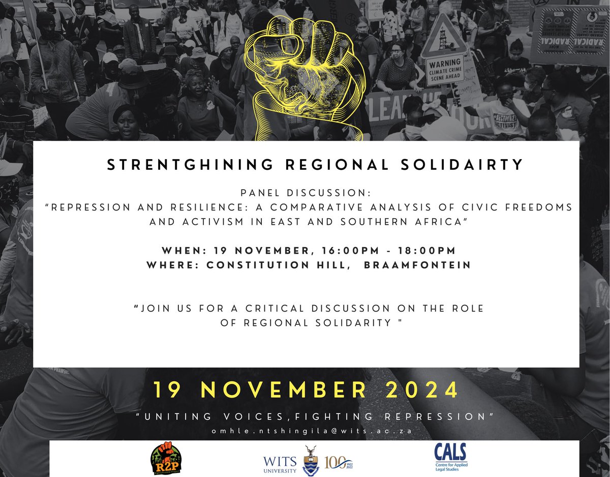 ProtestZa's tweet image. The movement continues on Day 2 of #AntiRepressionWeek! 🚩

Join us at 9am tomorrow, 19 November 2024 at Constitution Hill,Human Rights Conference room . We looking forward to having critical discussions on civic freedoms and building toward regional solidarity!
 #Right2Protest