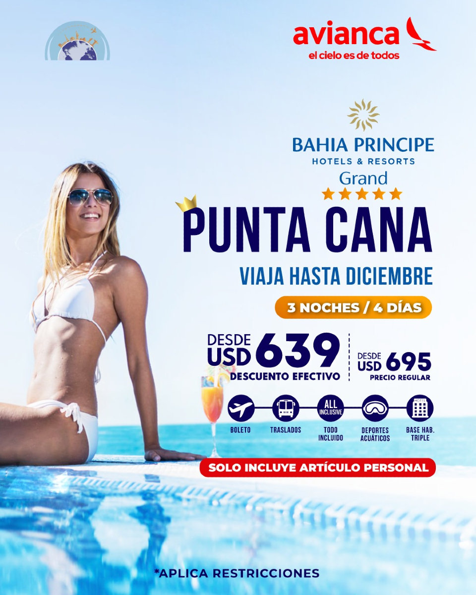 aqtecuador's tweet photo. PUNTA CANA OFERTA ESPECIAL
TODO INCLUIDO
03 NOCHES 04 DIAS

 INCLUYE:
✈️Boleto
🚗Traslado aeropuerto hotel
🌃3 noches en hotel BAHIA PRINCIPE GRAND PUNTA CANA
✅Sistema todo incluido
🏊Deportes acuáticos
🏢Habitación Triple https://t.co/9HU57MztZS