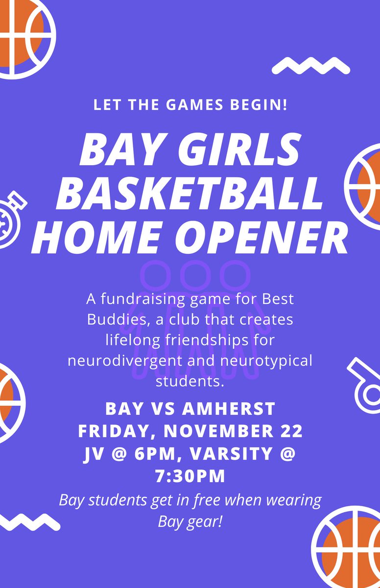 Bay Girls Basketball home opener is this Friday, November 22.  Come out to support Girls Basketball along with supporting Bay's Best Buddies program.  All Bay students are allowed in FREE with their Bay gear!