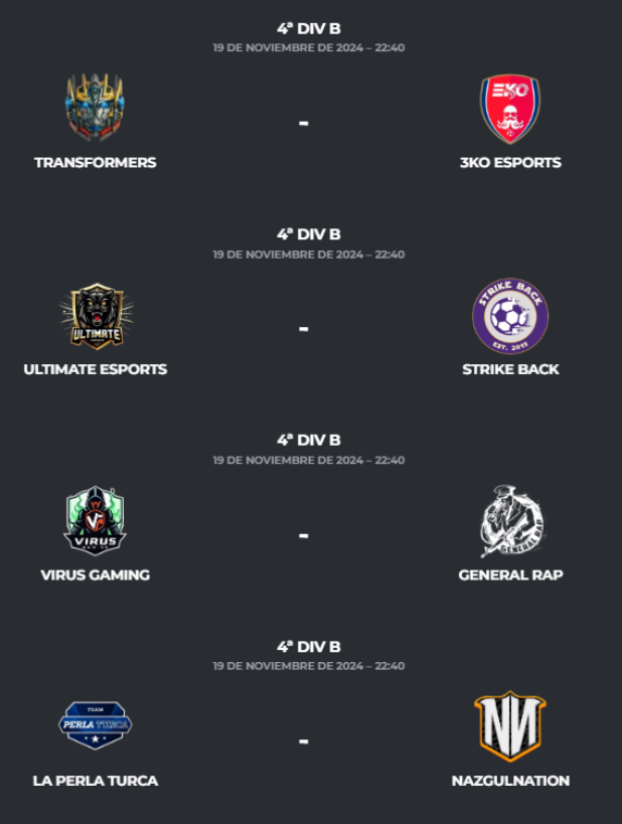 PLG_Spain's tweet photo. Jornada 6⃣ - 4ª B
@transformers_cf - @3KO_eSports
@UltimateEsp17 - #StrikeBack
@_Virus_Gaming - @generalrrap
@laperlaturca77 - @NazgulNation
@IberiansGaming - @MRJAeSport
@FutbolLindoCF - @Marbella_FC_
@CMineraeSports - #KamiLegends
@CristalPanas - @BallOwners2024 https://t.co/61CkSyAEgP