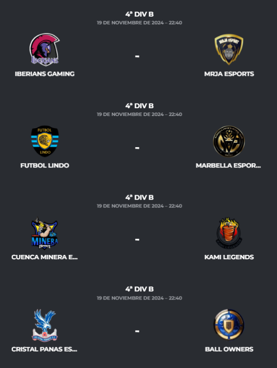 PLG_Spain's tweet photo. Jornada 6⃣ - 4ª B
@transformers_cf - @3KO_eSports
@UltimateEsp17 - #StrikeBack
@_Virus_Gaming - @generalrrap
@laperlaturca77 - @NazgulNation
@IberiansGaming - @MRJAeSport
@FutbolLindoCF - @Marbella_FC_
@CMineraeSports - #KamiLegends
@CristalPanas - @BallOwners2024 https://t.co/61CkSyAEgP