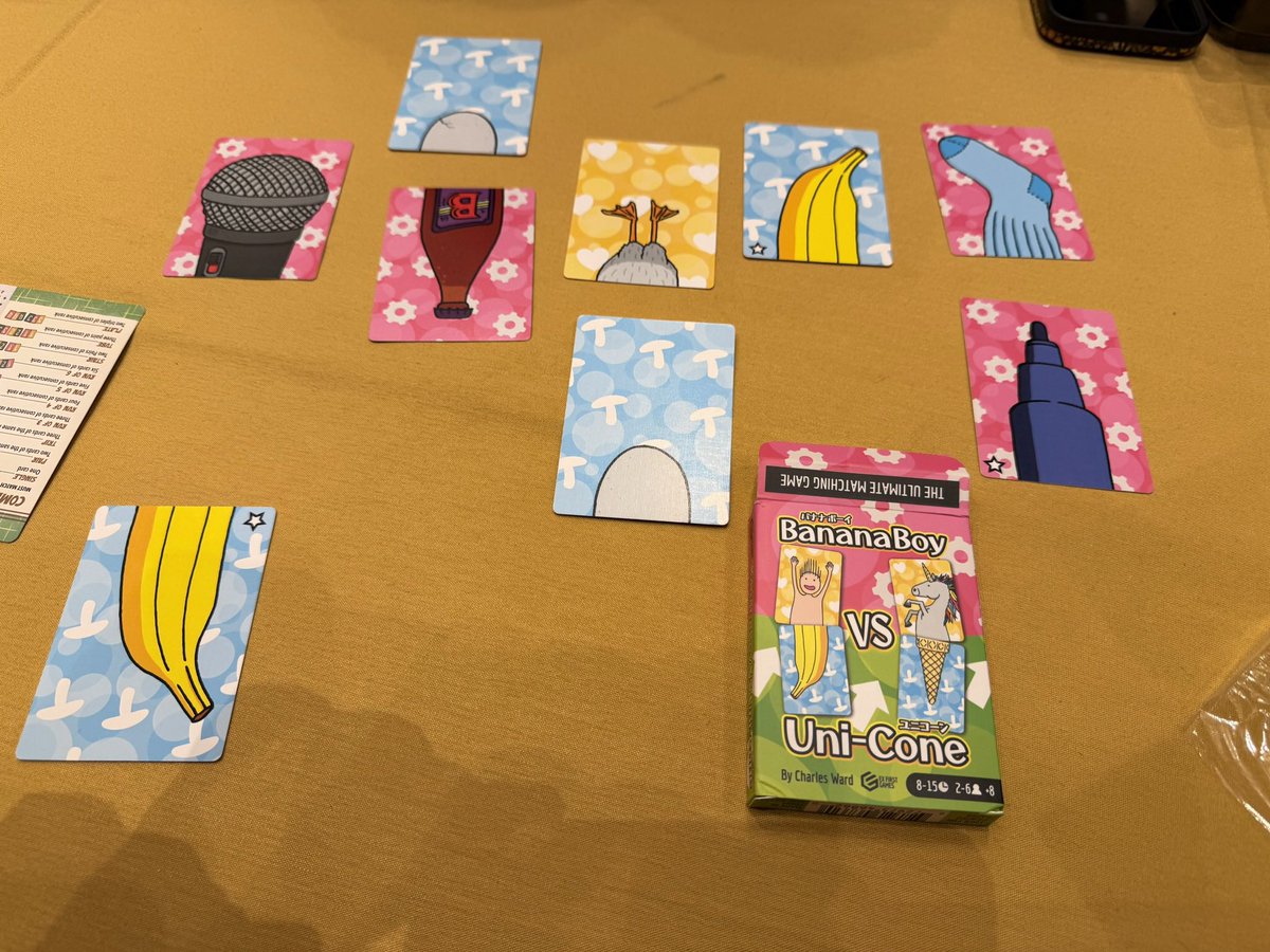BoardGameGumbo's tweet photo. Memory games aren’t my fave. But when they’re quick and easy and we only have 8 mins until trivia night!?! The Gumbo Overlord and I played BananaBoy &amp; UniCone from @ex1stgames and it delivered exactly what it promised - a quick brain twisting memory game with fun art #BGGcon https://t.co/wDokBaT4yw