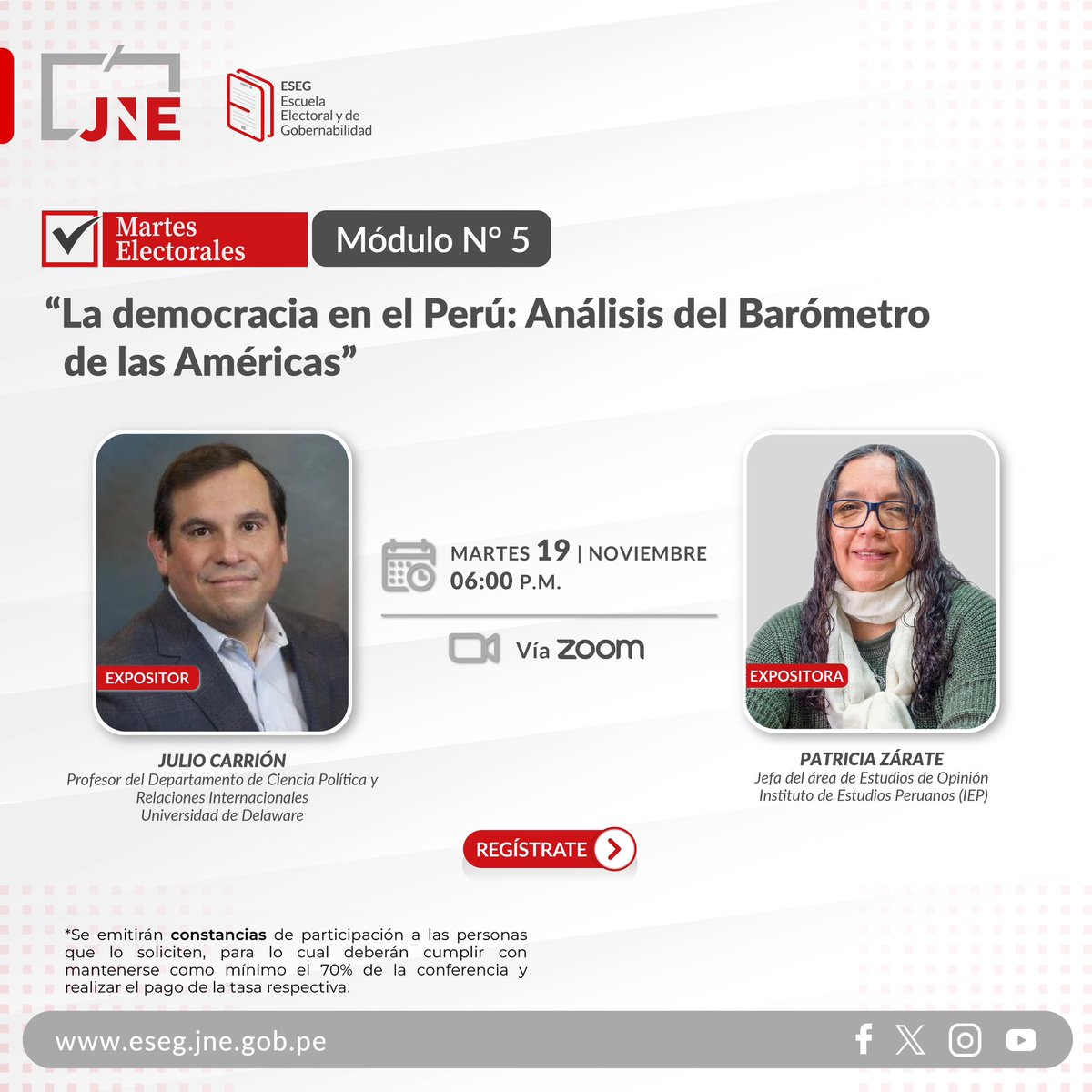 ¡No te pierdas el Módulo N.º 5 de los Martes Electorales! .En esta sesión, se desarrollará el tema “La democracia en el Perú: Análisis del Barómetro de las Américas.”
🗓️ Fecha: Martes 19 de noviembre
⏰ Hora: 6:00 p.m.
📝Inscripciones aquí: tinyurl.com/hv7bmcte