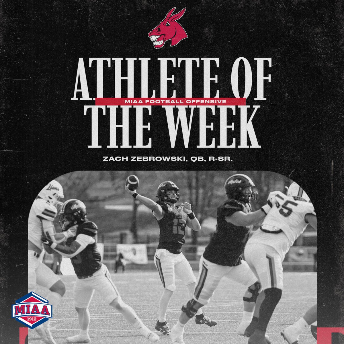 UCMFootballTeam's tweet image. Back-to-Back-to-Back!

For the THIRD straight week, Zach Zebrowski is the @TheMIAA Offensive Athlete of the Week!

ZZ threw for 614 yards with 4 passing TDs &amp;amp; added 3 rushing TDs in our 62-47 "W" over Missouri Southern Saturday.

📝 | bit.ly/3UZaDFL

#MissionOriented