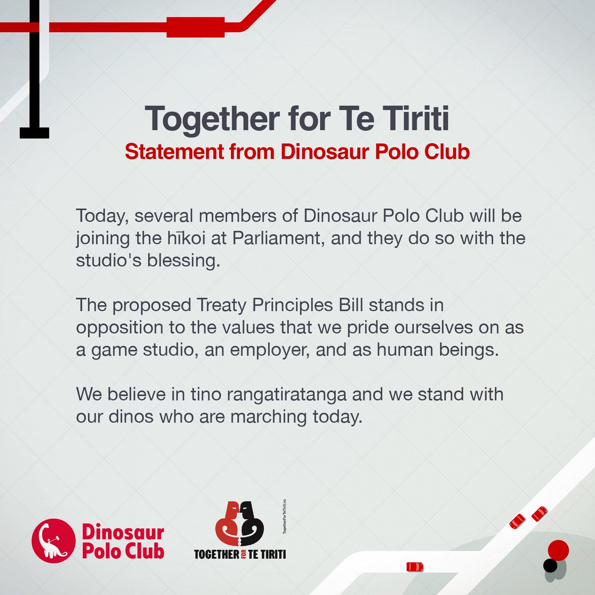 We stand with our dinos and others joining the hīkoi at Parliament today and we encourage all residents of Aotearoa New Zealand to find out more about the proposed Treaty Principles Bill:

❤️ toitutetiriti.co.nz
❤️ togetherfortetiriti.nz