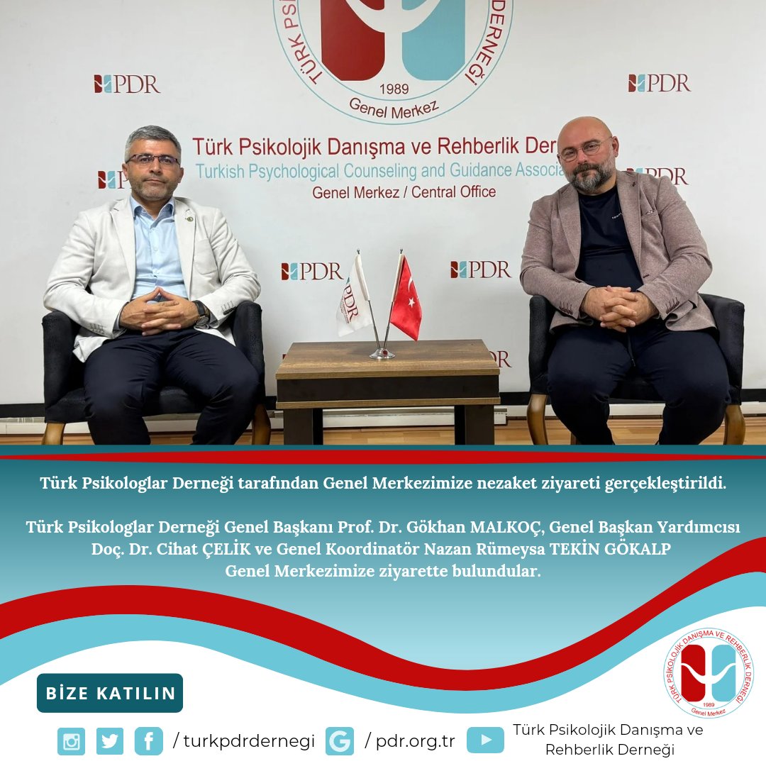 Türk Psikologlar Derneğinden Genel Merkezimize nezaket ziyareti gerçekleştirildi.

Türk Psikologlar Derneği Genel Başkanı Prof. Dr. Gökhan MALKOÇ, Genel Başkan Yardımcısı Doç. Dr. Cihat ÇELİK ve Genel Koordinatör Psk. Nazan Rümeysa TEKİN GÖKALP Genel Merkezimize ziyarette