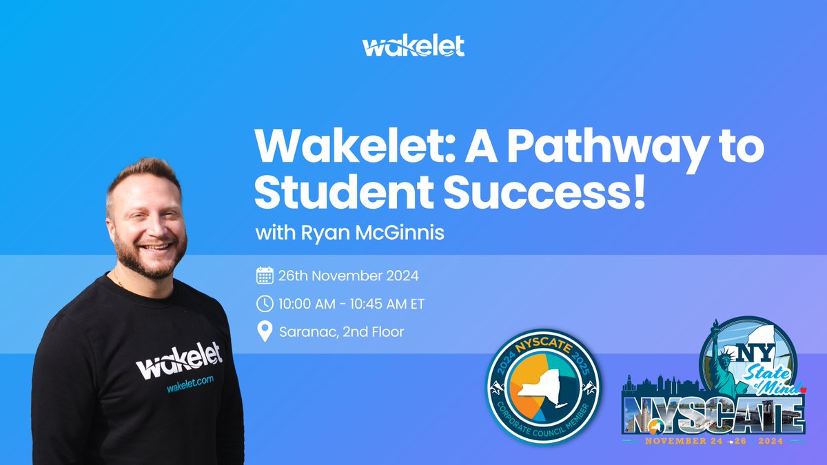 RyanMcGTech's tweet image. I can't wait to see all of my NY friends again at @NYSCATE! 

Come see my session at #NYSCATE24 on Tuesday 11/26 to learn how @Wakelet can support your students on a pathway to success!

#WakeletWave #WakeletNY