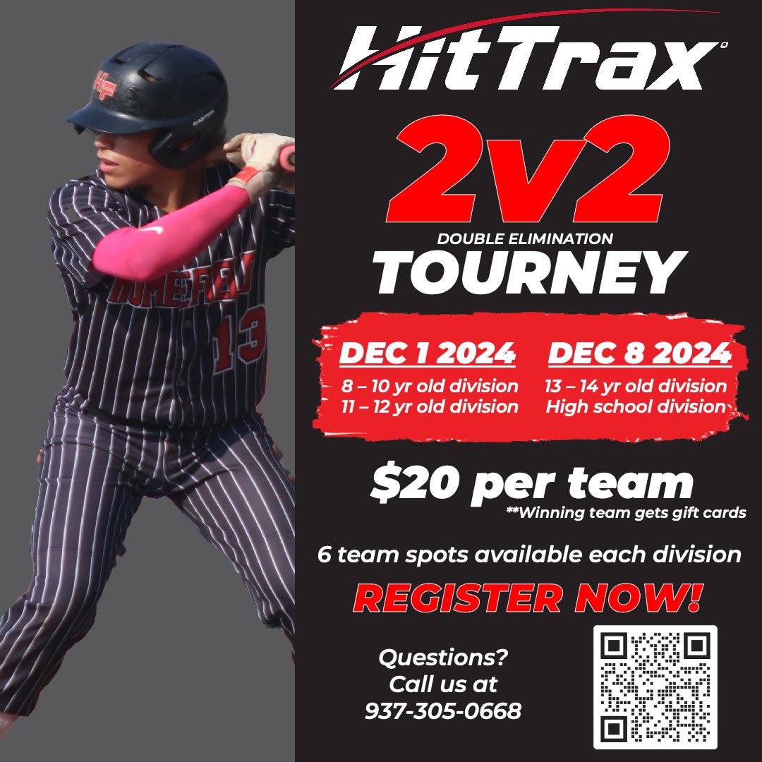 Think you've got the best duo in town? 🏆 Join our 2v2 HitTrax Tournament on Dec 1 &amp; Dec 8!
🎯 6 teams per age group – spots are LIMITED! Gift cards for the champs!

Sign up NOW before it's too late!

#HitTrax #BaseballLife #TournamentTime