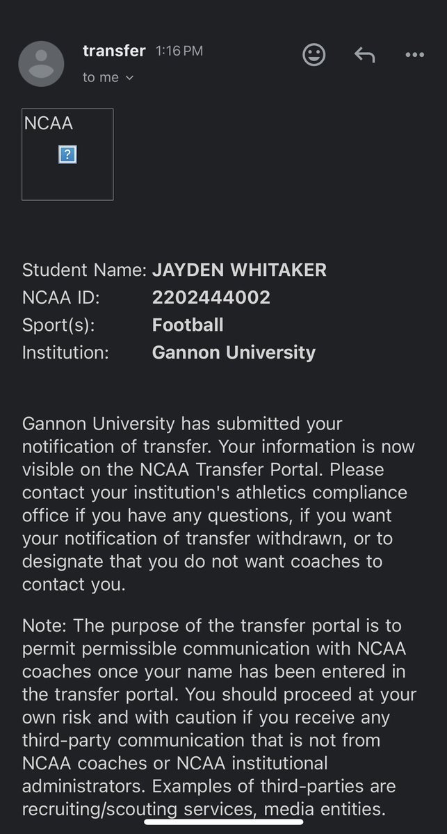 Jayden Whitaker
3 years eligibility
6’1 195 lbs
12 Starts Gannon University (2 Fresh, 10 Redshirt Fresh)
Passing: 2532 yds 14 TDs
Rushing: 568 yds 11 TDs
Recruitment is wide open!

hudl.com/v/2QFPQu