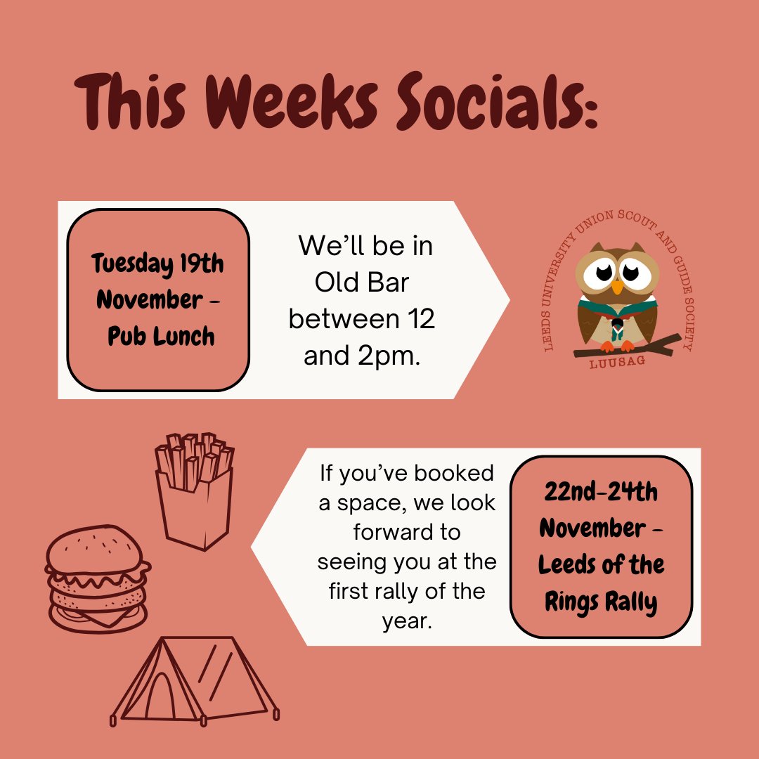 On Tuesday 19th November we'll be in Old Bar between 12-2pm for pub lunch, we hope to see some of you there!  
If you've booked a space on rally, we hope you're excited for the first camp of the academic year! A pre-rally email with the important details has been sent out!