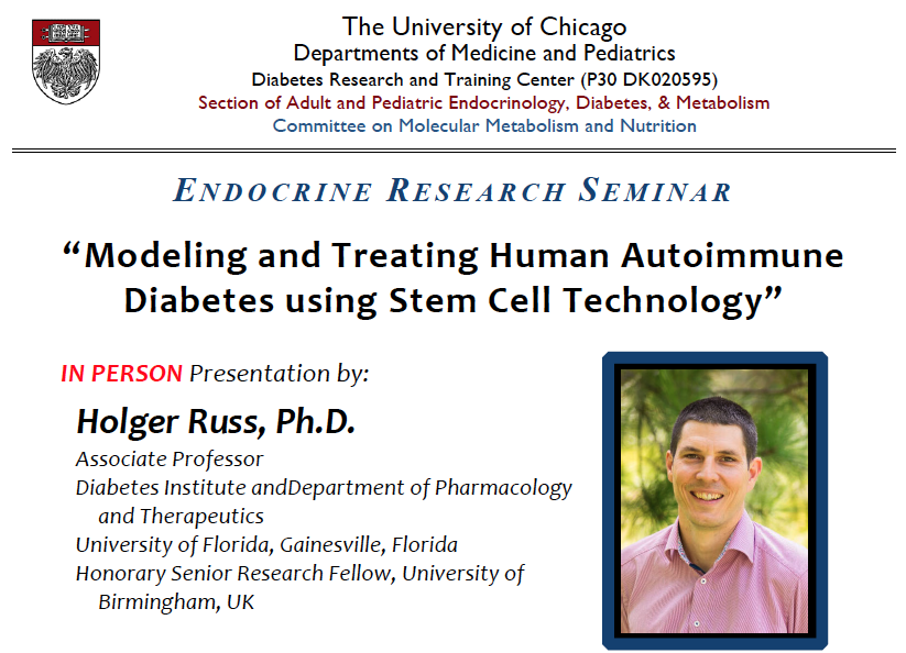 Join us as Dr. Holger Russ presents "Modeling and Treating Human Autoimmune Diabetes using Stem Cell Technology."

Mon, Nov 18
5 pm CT
DM for Zoom link