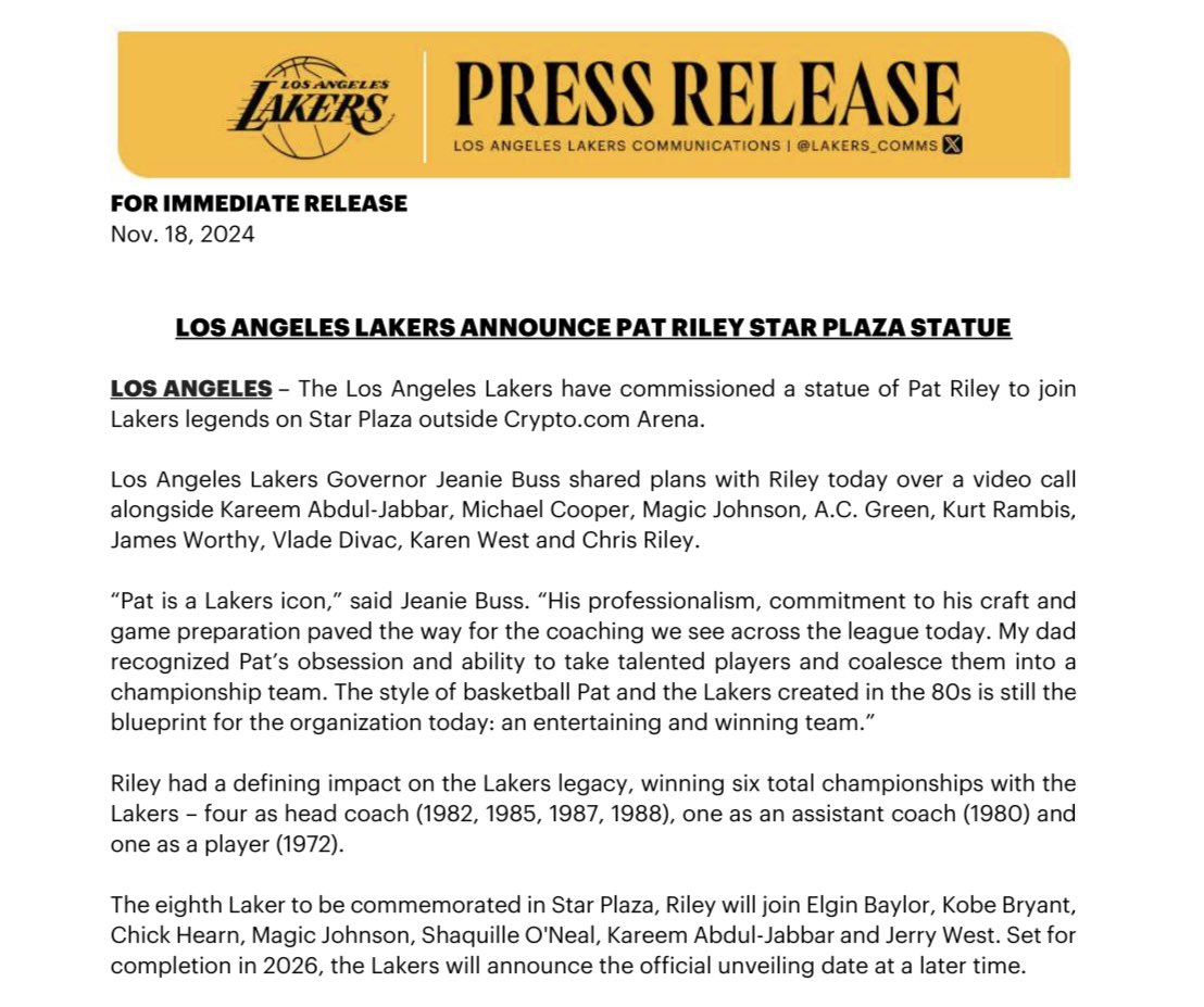 mcten's tweet image. The Lakers announce that Pat Riley will get a statue outside Crypto.com Arena. The unveiling date is TBD.