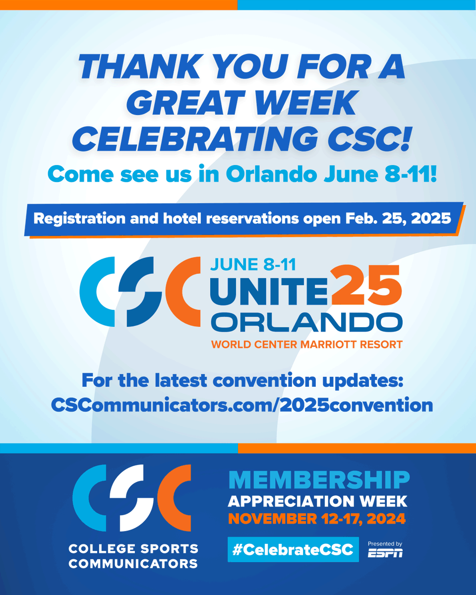 We are grateful for everyone who helped #CelebrateCSC this past week! Let’s have a great rest of the year and keep supporting one another and serving student-athletes. 

And don't forget to save the date for #CSCUnite25 in Orlando on June 8-11!