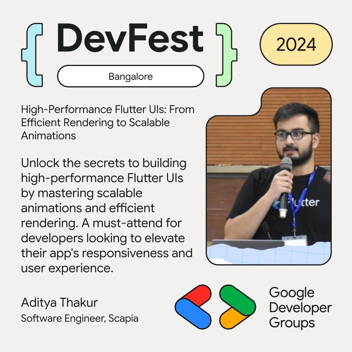 GDGBLR's tweet photo. Meet @adityathakurxd, our next #DevFest2024 speaker! 🚀
🎙️High-Performance Flutter UIs: Efficient Rendering & Scalable Animations
Join Aditya for expert tips on building smooth, scalable UIs in Flutter! ��💡
#Flutter #Dart #MobileDev #AppDevelopment #TechTalk #GoogleDevExpert https://t.co/34yvpNckEi