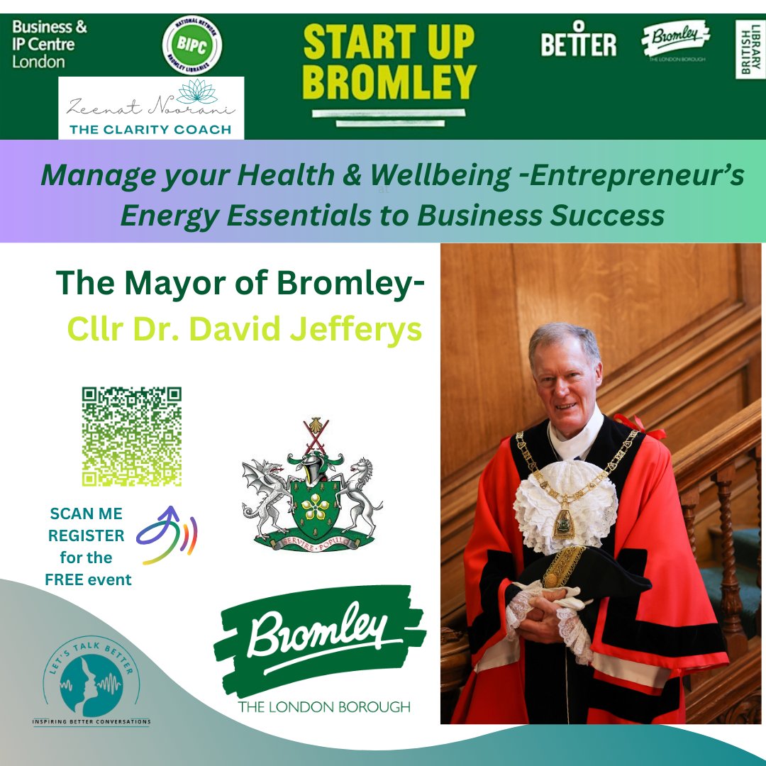 Zeenat_Noorani's tweet photo. Delighted that  @MayorofBromley0  -Cllr Dr David Jefferys who'll be attending @startup_bromley Central Library for 'Manage Your Health &amp; Wellbeing - Enterprenuer's Energy Essentials To Business Success' on the 23rd of November. #yourhealthmatters 
FREE to register https://t.co/QtxrJ4IHAL