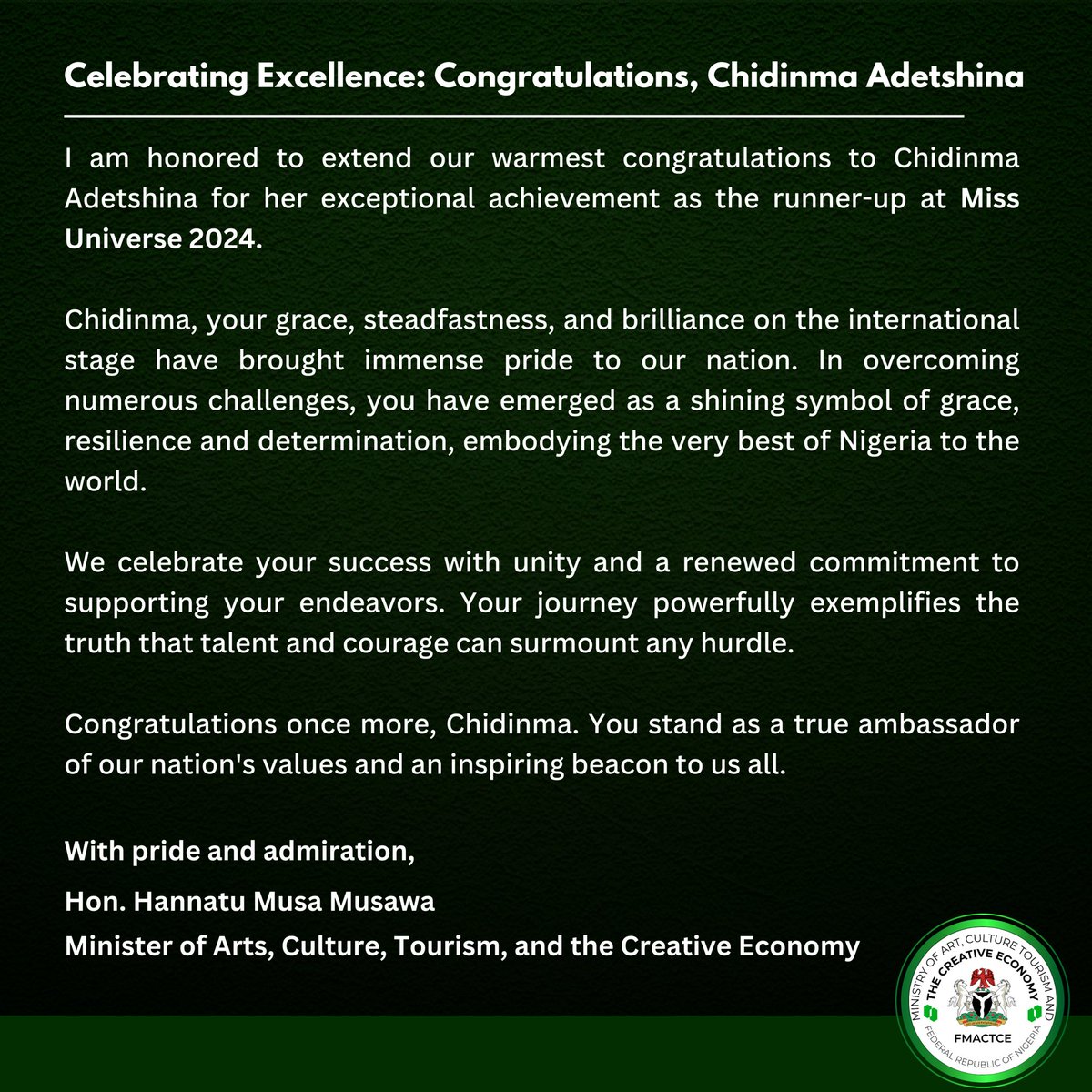 hanneymusawa's tweet image. A huge congratulations to Chidinma Adetshina!

Our newly crowned Miss Universe 2024, you&apos;ve made Nigeria proud with your grace, brilliance, and unwavering confidence.

Here&apos;s to inspiring a new generation of queens!

#MissUniverse2024 #FMACCE #FMACTCE #Nigeria
#CreativeEconomy