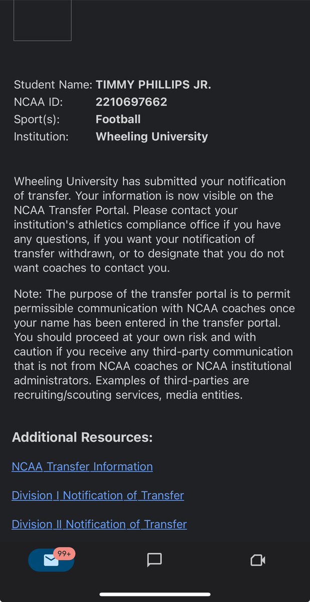 Thank you Wheeling University. With that being said, I have entered my name in the transfer portal with 4 years of eligibility.