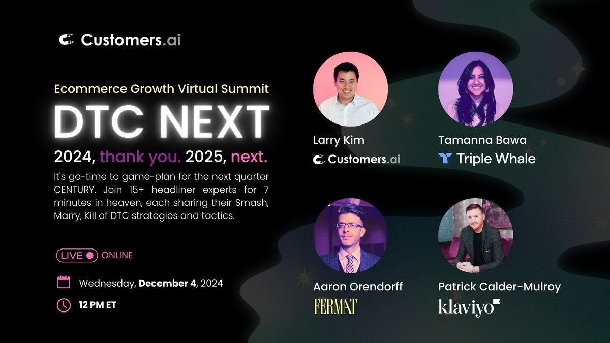 I'm speaking at DTC Next (virtual event) on Dec 4th. Really interesting format, called: 7 minutes in heaven. I'll be sharing my "🔥SMASH, 💍MARRY, ⚰️CUT" for 2025.

Join here: customers.ai/events/dtc-nex…

#Ecommerce #DTC