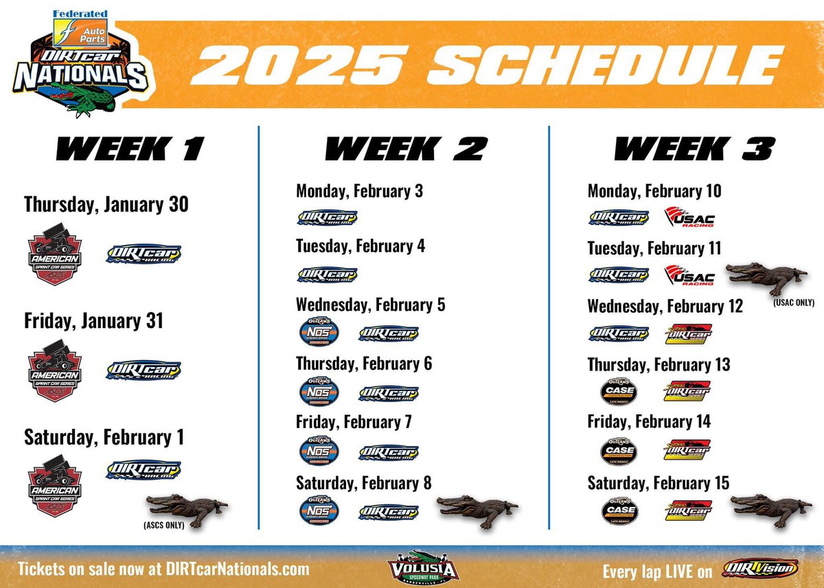 DIRTcar Nationals (@dirtcarnats) on Twitter photo Don't miss out on the 𝗯𝗶𝗴𝗴𝗲𝘀𝘁 <a href="/FederatedAP/">Federated Auto Parts</a> DIRTcar Nationals ever.
<a href="/ASCSRacing/">American Sprint Car Series</a> + <a href="/DIRTcarRacing/">DIRTcar Racing</a> + <a href="/WorldofOutlaws/">World of Outlaws</a> + <a href="/USACNation/">USAC Racing</a> + <a href="/WoOLateModels/">World of Outlaws Late Models</a> + <a href="/SuperDIRTcar/">Super DIRTcar Series</a>
📍<a href="/VolusiaSpeedway/">Volusia Speedway Park</a> | #FLinFeb
🎟️ On sale now at DIRTcarNationals.com Don't miss out on the 𝗯𝗶𝗴𝗴𝗲𝘀𝘁 <a href="/FederatedAP/">Federated Auto Parts</a> DIRTcar Nationals ever.
<a href="/ASCSRacing/">American Sprint Car Series</a> + <a href="/DIRTcarRacing/">DIRTcar Racing</a> + <a href="/WorldofOutlaws/">World of Outlaws</a> + <a href="/USACNation/">USAC Racing</a> + <a href="/WoOLateModels/">World of Outlaws Late Models</a> + <a href="/SuperDIRTcar/">Super DIRTcar Series</a>
📍<a href="/VolusiaSpeedway/">Volusia Speedway Park</a> | #FLinFeb
🎟️ On sale now at DIRTcarNationals.com