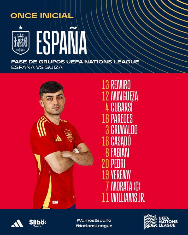 WOsei26709's tweet image. 🚨| 𝐎𝐅𝐅𝐈𝐂𝐈𝐀𝐋: Spain&apos;s XI 🆚 Switzerland

- Casadó, Pedri and Cubarsí START
- Olmo on the bench

#ESPSUI 🇪🇸