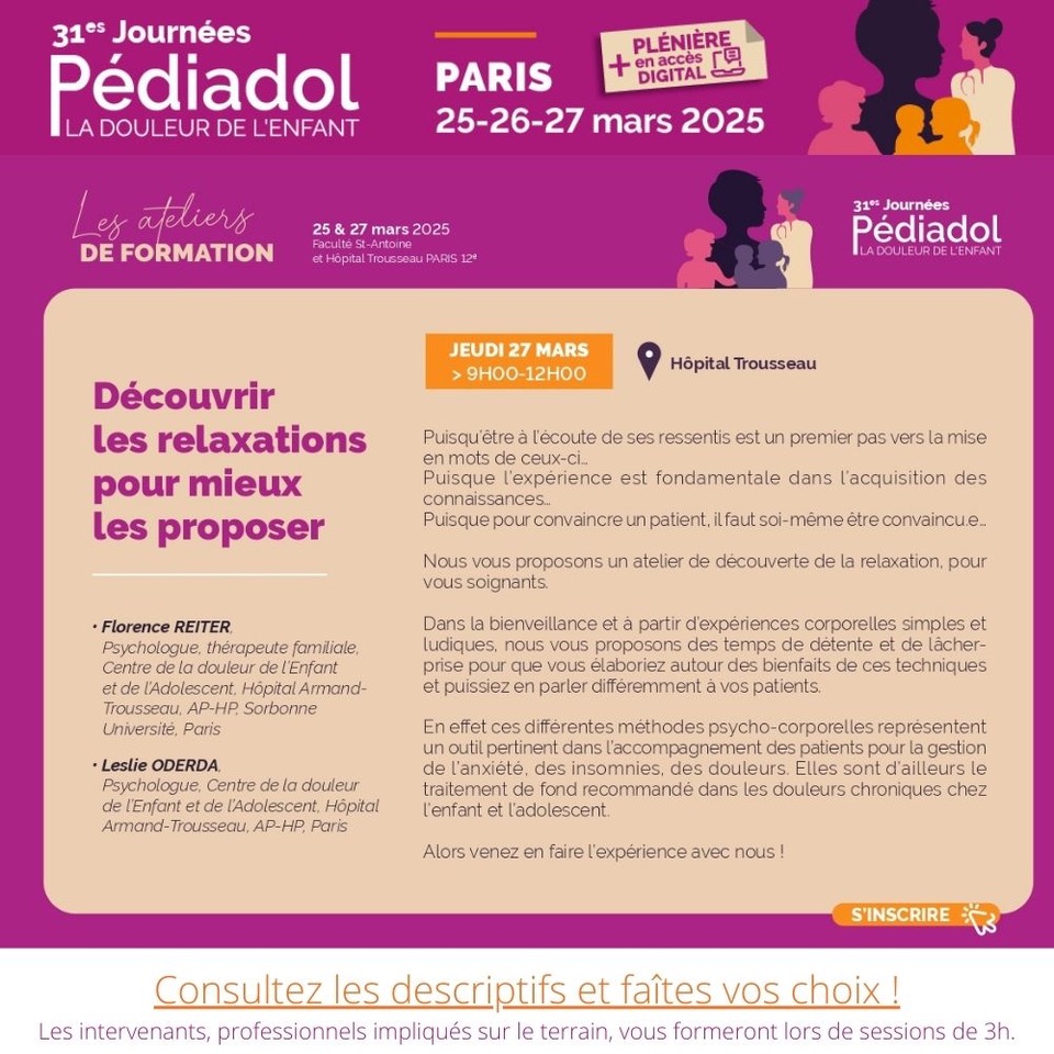 𝟯𝟭𝗲𝘀 𝗝𝗼𝘂𝗿𝗻𝗲́𝗲𝘀 #𝗣𝗲́𝗱𝗶𝗮𝗱𝗼𝗹 | Puisque pour convaincre un patient, il faut soi-même être convaincu.e. Venez faire l’expérience de cet atelier de relaxation pour vous soignants !🎟️𝒉𝒕𝒕𝒑𝒔://𝒑𝒆𝒅𝒊𝒂𝒅𝒐𝒍2025.𝒕𝒆𝒂𝒎𝒓𝒆𝒔𝒂.𝒏𝒆𝒕/
🌐pediadol.org/les-journees-p…