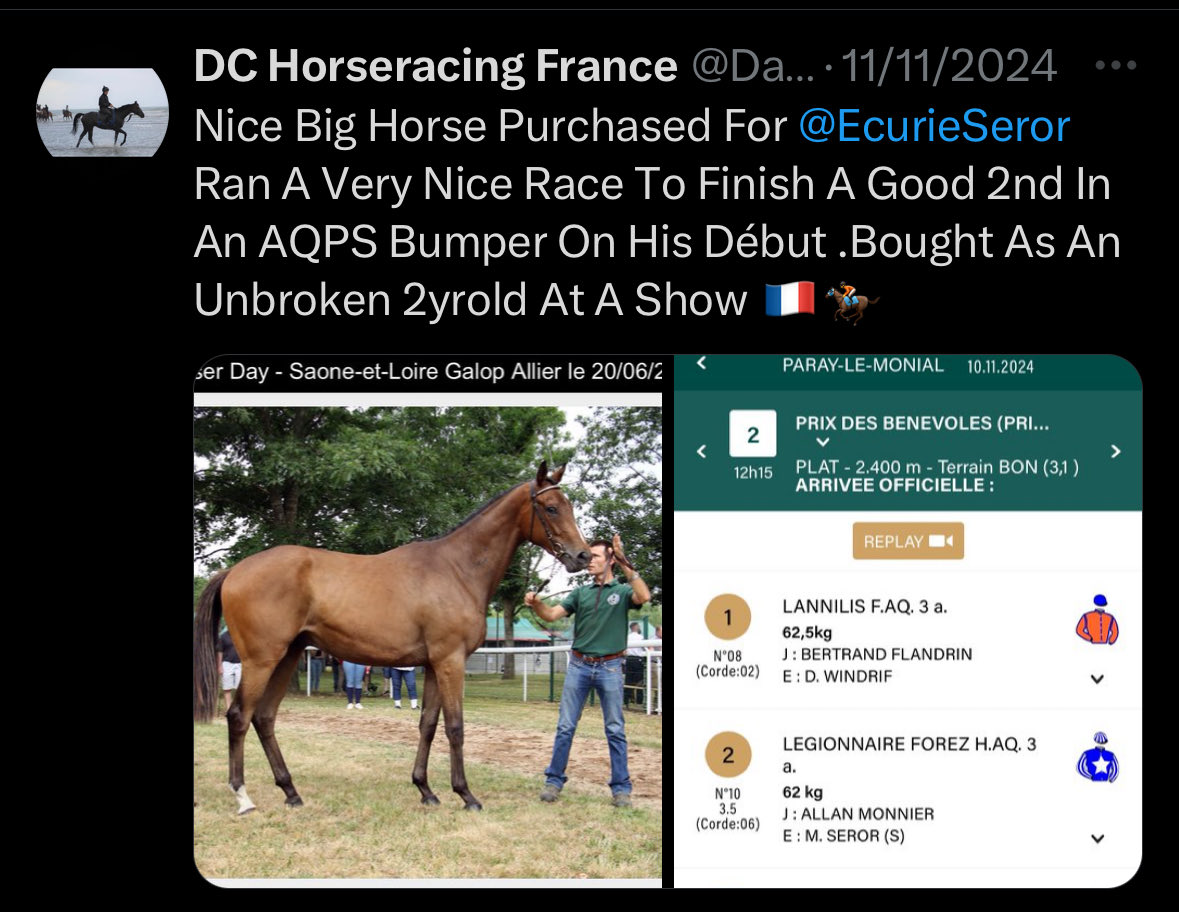 Nice Result For The Lads &amp; ⁦<a href="/EcurieSeror/">Ecurie Mickael Seror</a>⁩ I Sourced This Horse At A Show Last Summer.He Made A Very Handsome Return Today Now He’s Gone To A Top Hotel.🇮🇪🏇Get In Touch If Your Interested In Buying A French Bred National Hunt Horse 🇫🇷