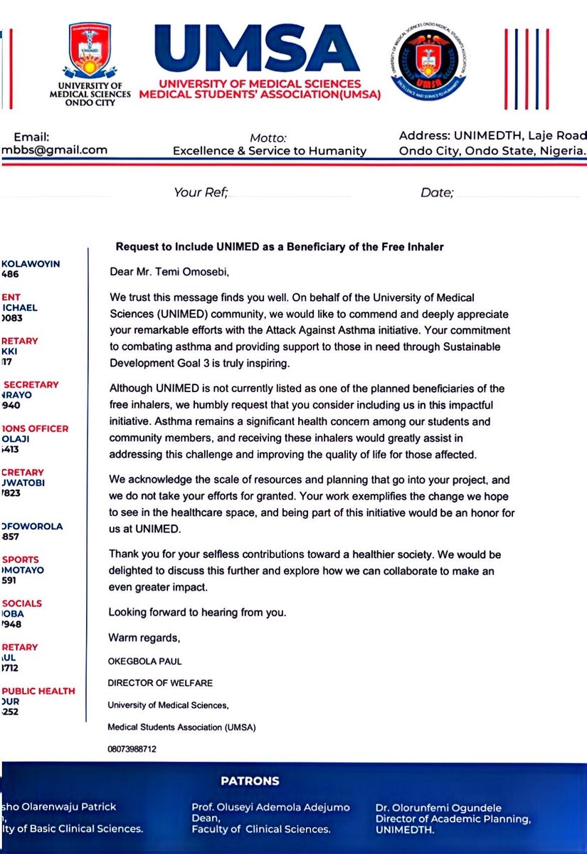 Dear Temi Omosebi,<a href="/TheTemiOmosebi/">TEMI🌹</a> 

We trust this message finds you well. On behalf of the University of Medical Sciences (UNIMED) students community, We would like to commend and deeply appreciate your remarkable efforts with the Attack Against Asthma initiative.