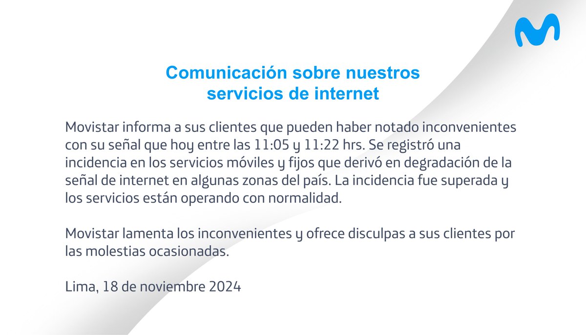 ComsMovistarPe's tweet photo. 📌 Comunicación sobre nuestros servicios de internet https://t.co/23dNVrJHtO