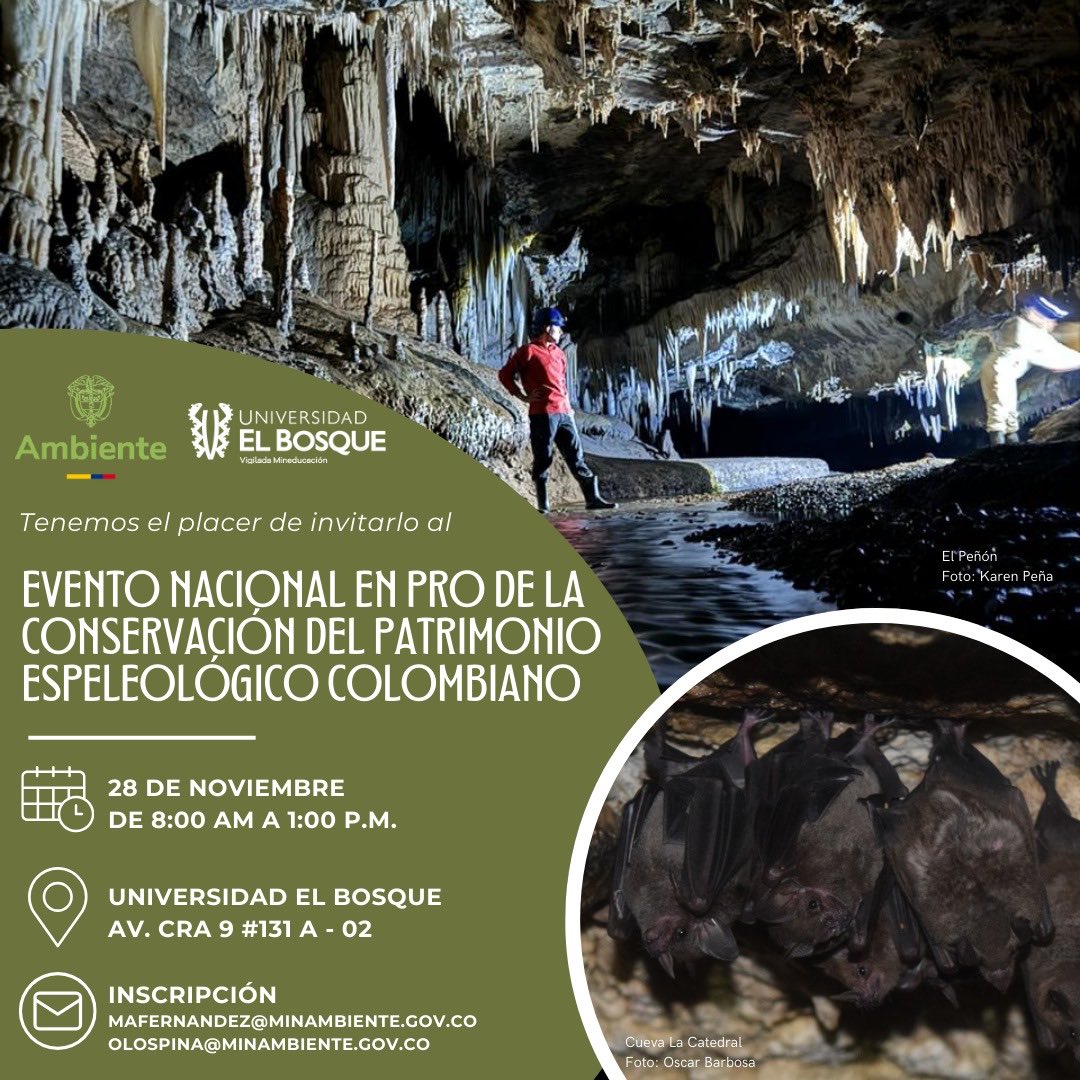 Los esperamos en 10 días en la Universidad El Bosque: seguimos adelante con la construcción participativa de la Política del Patrimonio Espeleológico Colombiano. Gracias ⁦<a href="/MinAmbienteCo/">MinAmbiente Colombia</a>⁩ ⁦<a href="/U_ElBosque/">Universidad El Bosque</a>⁩ ⁦<a href="/inst_humboldt/">Instituto Humboldt</a>⁩ ⁦<a href="/espeleocol/">Asociación Espeleológica Colombiana - ESPELEOCOL</a>⁩