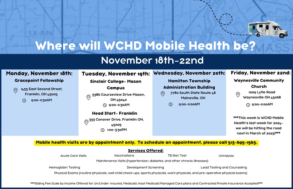 This week will be WCHD Mobile Health's last week on the road until March 2025!

 Need to be seen? Give us a call at 513-695-1563 to get on our schedule.