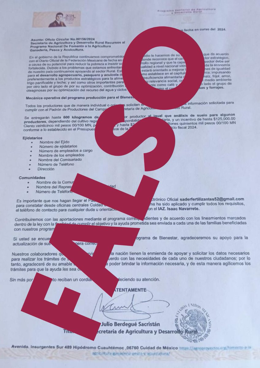 Agricultura_mex's tweet photo. ⚠️Productor, productora, ¡no te dejes engañar! 🛑

Circula en redes un documento falso sobre apoyos que otorga la Secretaría.

Las convocatorias de los programas se publican exclusivamente en nuestros medios oficiales. Cualquier documento sin validez oficial es FALSO. https://t.co/pXvgTuXdM3