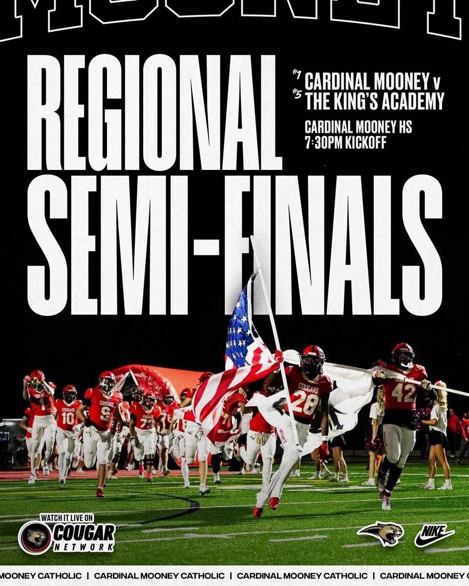 Cardinal Mooney Football (@mooney_fb) on Twitter photo The undefeated Cougars take on The King's Academy in a Regional Semi-Final Matchup at home this Friday ‼️ 7:30pm Kickoff ⏳
Game will be streaming live exclusively on CMHS Cougar Network and can be found 👇
youtube.com/live/BYlAH9cmN… The undefeated Cougars take on The King's Academy in a Regional Semi-Final Matchup at home this Friday ‼️ 7:30pm Kickoff ⏳
Game will be streaming live exclusively on CMHS Cougar Network and can be found 👇
youtube.com/live/BYlAH9cmN…