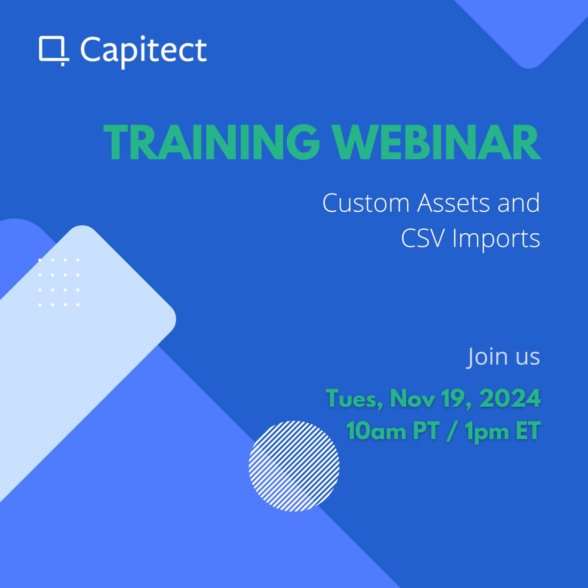 capitect's tweet photo. Tomorrow, our live training webinar will go over using custom assets and CSV imports to track assets manually.

Here is the link to register:
https://t.co/0KHgcvoU9l https://t.co/yG2lhVuhum