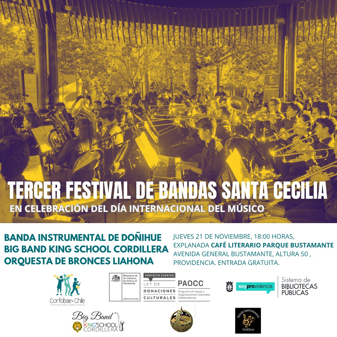 III FESTIVAL DE BANDAS SANTA CECILIA🎶
En Providencia, celebraremos el Día del Músico, junto a <a href="/BiblioProvi/">Biblio Provi 📚</a> y la banda de futuras promesas de Doñihue, este jueves 21, a las 18:00hrs, en el Café Literario de Parque Bustamante. Entrada liberada. ¡Súmate para disfrutar!