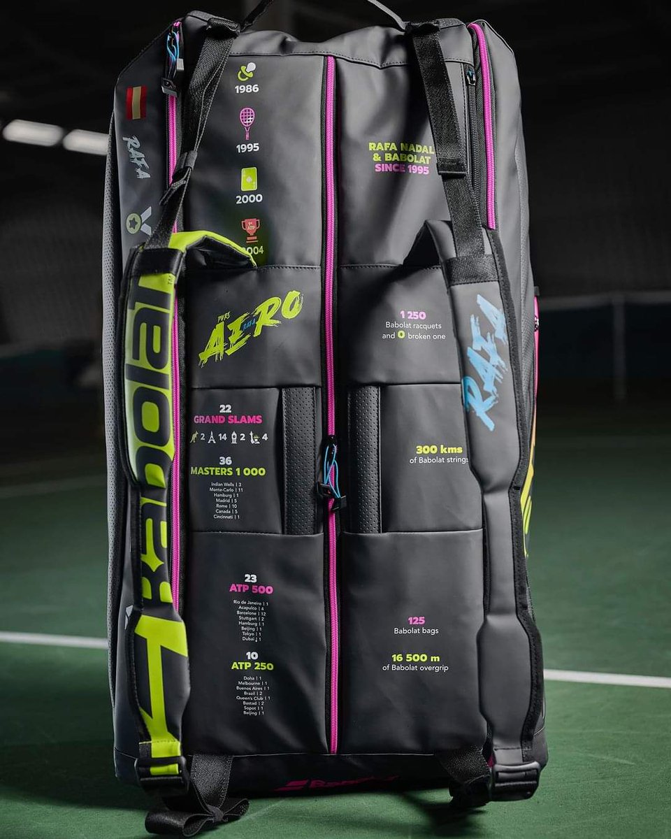 gigicat7_'s tweet photo. Nadal's last @Babolat bag:

2 Olympic gold medals
5 Davis Cups
2 Australian Open 🏆
14 French Open
2 Wimbledon
4 US Open
36 Masters 1000
23 ATP 500
0 rackets broken

🤩 https://t.co/Ix1EUgfU4j
