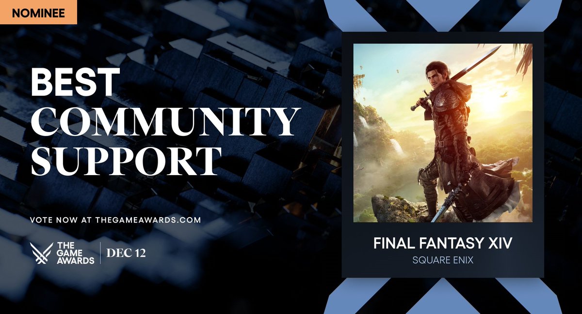 FF_XIV_EN's tweet photo. FFXIV has been nominated twice for #TheGameAwards this year! 🗳️ https://t.co/XzExJH5QLY

🔹 Best Ongoing Game
🔹 Best Community Support

We're grateful to everyone for making #FFXIV their home over the past decade! https://t.co/ATpZUFFBAT