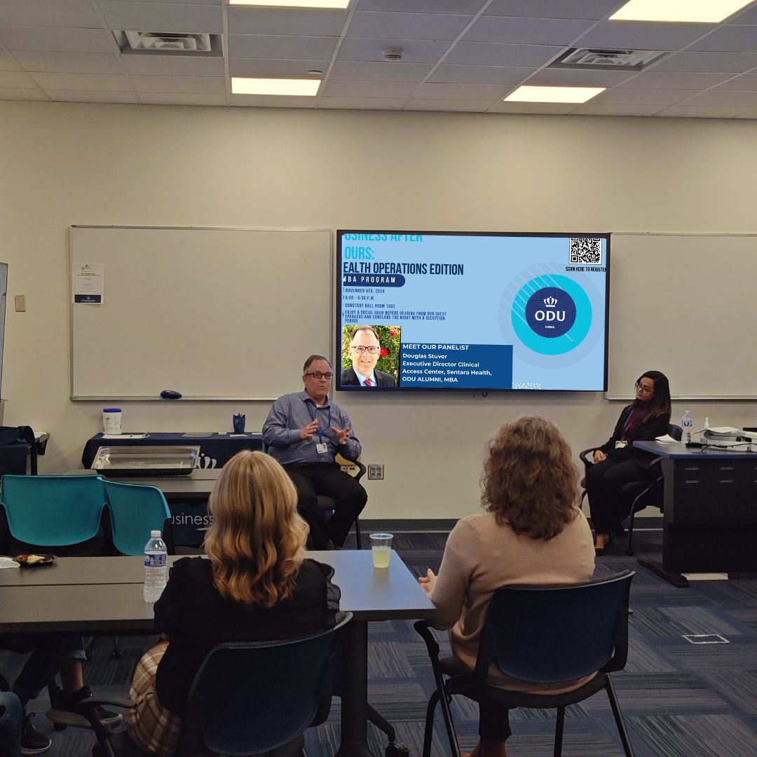 ODU_MBA's tweet photo. We are thrilled to announce the success of our Business After Hours: Health Edition event! Special thanks to Mr. Douglas Stuver, Executive Director at Sentara Health and ODU MBA alumnus, for his insights on healthcare's evolution. We also appreciate the enthusiastic participants. https://t.co/BfjInuQM1I