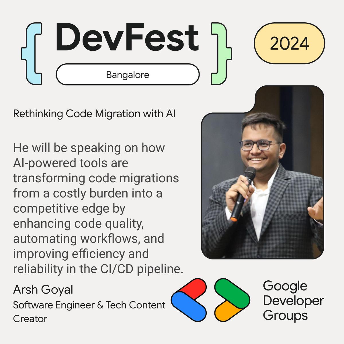 GDGBLR's tweet image. 🚀 Excited to announce @arsh_goyal as a #DevFest2024 speaker! 💻
Arsh, a software engineer & tech content creator, will explore "Rethinking Code Migration with AI"—transforming code migration from a burden into a competitive edge. Don’t miss it!
#AI #CodeMigration #TechTalk