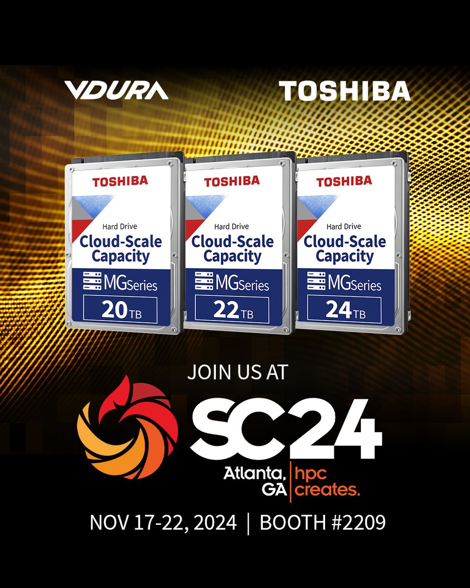 Visit the VDURA booth 2209 at #SC24 in Atlanta, Georgia, Nov 17-22 to discover how our MG Series Enterprise HDDs are used in Vdura’s Data Platform to help shape the future of AI, HPC &amp; Storage

#Toshiba #DataStorage