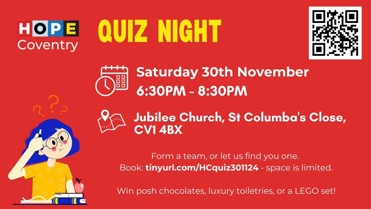 There's still time to join the HOPE Coventry fundraising quiz night on Saturday 30th November, 6.30pm-8.30pm, in the city centre! 🎉 Bring a team or come solo. Tickets are £5, and booking is essential via tinyurl.com/HCquiz301124.
#HOPECoventry #QuizNight #FundraisingEvent