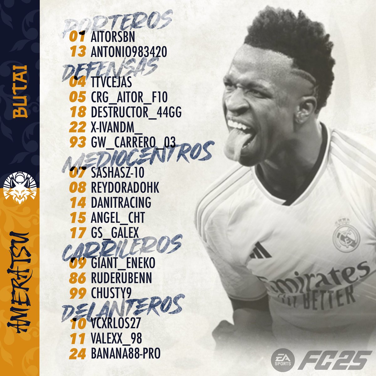 Ameratsu Butai Esports (@ameratsubutai) on Twitter photo #PRESENTACIÓN | FC25
Esta será nuestra plantilla dirigida por @sasha_cpro <a href="/Angel_cht15/">Angel_cht</a> para esta temporada 🎮
<a href="/PLGeFootBall/">PLG España</a>
<a href="/VPG_Spain/">Virtual Pro Gaming España</a>
<a href="/VPLSpain/">VPL Spain</a>
#GoAmeratsu #PRESENTACIÓN | FC25
Esta será nuestra plantilla dirigida por @sasha_cpro <a href="/Angel_cht15/">Angel_cht</a> para esta temporada 🎮
<a href="/PLGeFootBall/">PLG España</a>
<a href="/VPG_Spain/">Virtual Pro Gaming España</a>
<a href="/VPLSpain/">VPL Spain</a>
#GoAmeratsu