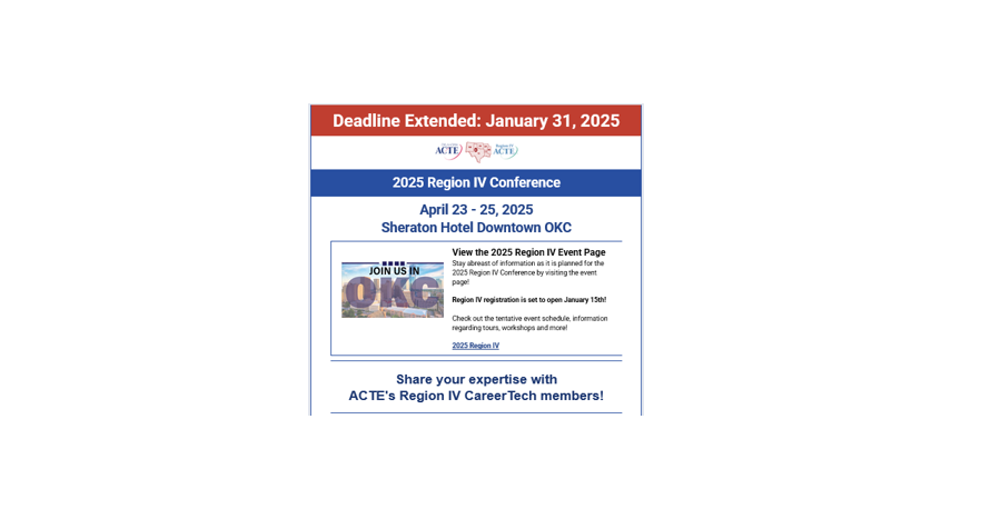 ESSPOK's tweet photo. On Monday, November 18, 2024, at 1:23 PM, an email was sent by OKACTE to its members Extending Deadline. OKACTE is currently seeking dynamic speakers for the 2025 Region IV Conference!  

https://t.co/qRrYUo7lkQ

#ODCTE
#CTE
#OKCareerTech
#OkACTE
#OKESSP
#PAC https://t.co/0h7A5NrRtH